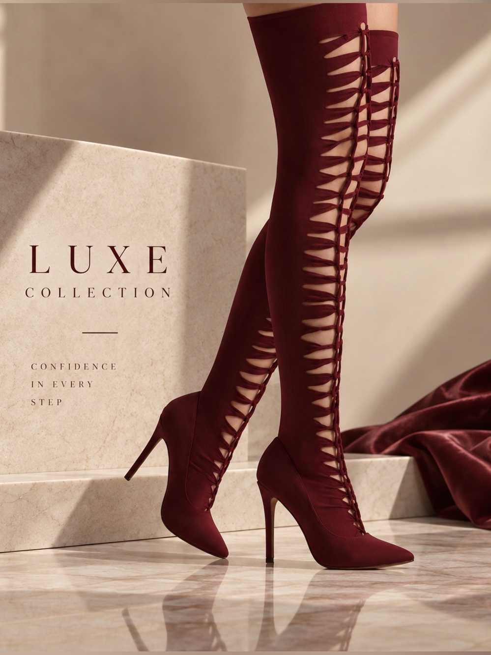Wine Red Stretch Cutout Over-the-Knee High Heel Boots — Size 8 (Fits Like a 7)